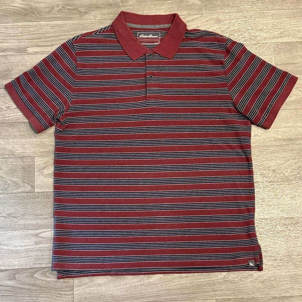 Eddie Bauer Men's Large Red Black White Striped Polo Shirt Short Sleeve